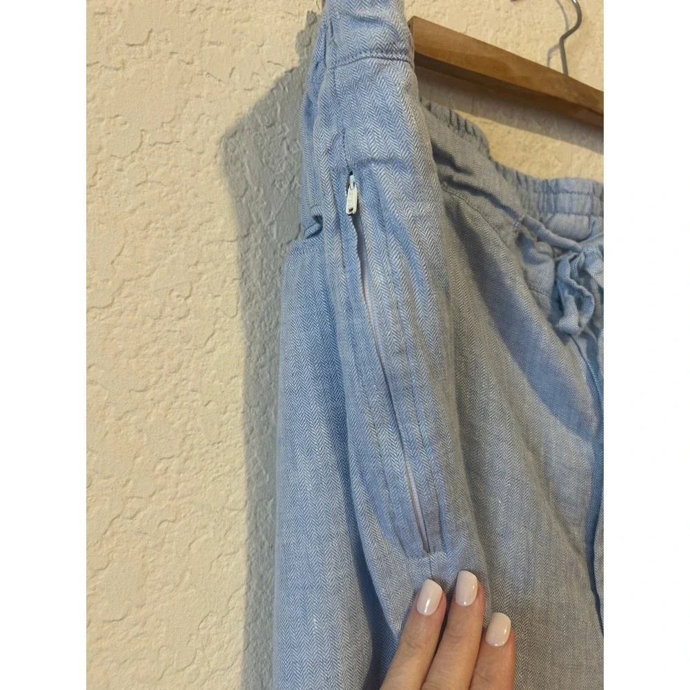 Mens Organic Linen Jogger Pants Size XL Light Blue Herringbone Drawstring Beach